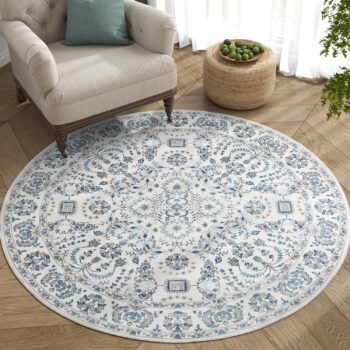 4ft Round Rug Vintage Medallion Washable Floral Rug Distressed Non Slip Floor Cover Thin Soft Carpet for Living Room Bedroom Blue